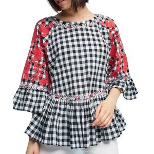 Anthroplogie Pankaj & Nidhi Gingham Swing Tunic Checkered Peplum Top Size S